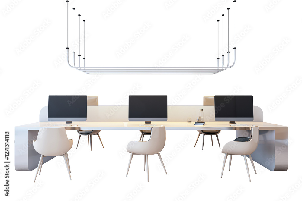 Poster contemporary office desk with computers and stylish chairs isolated on white background. minimalist 