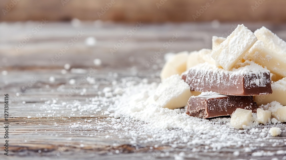 Poster Delicious assortment of chocolate pieces with powdered sugar on rustic wooden table : Generative AI
