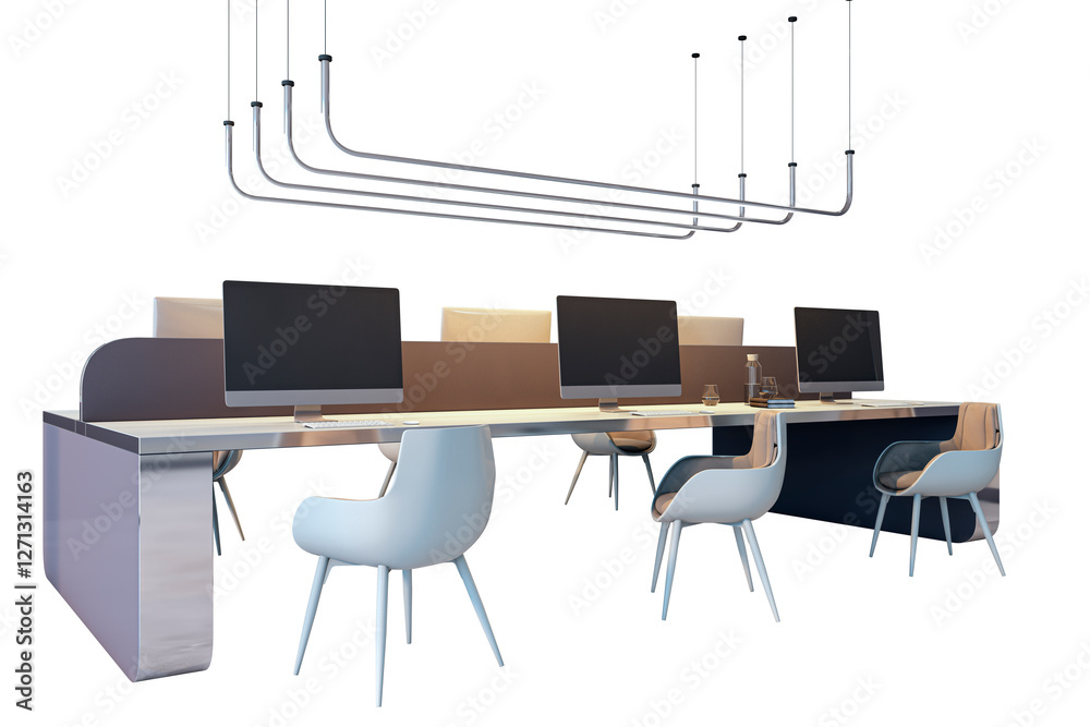 Poster contemporary office furniture set with computers and chairs, isolated on a white background. 3d rend