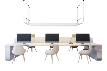 Contemporary office desk with computers and stylish chairs isolated on white background. Minimalist workspace interior concept. 3D Rendering