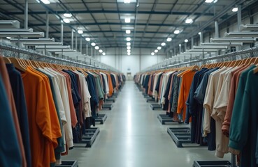 Apparel warehouse with clothes hanging on racks. Fashion apparel distribution hub for new, used clothing. Storage, textile retail, inventory. Wholesale delivery organization, garment style. Colors,