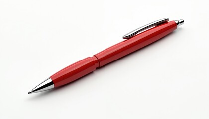 Red ballpoint pen isolated against white background. Metallic clip. Writing tool for office school work. Stationery item with smooth design. Essential business accessory for pro use. Minimalistic