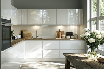 Bright modern kitchen features sleek white cabinetry complemented by a rustic wooden table, creating a stylish contrast with natural light streaming through windows.