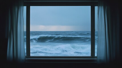Fototapeta premium Ocean waves crash against a window view, blurring the boundary between outside and in, inviting tranquility and depth.