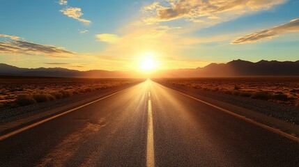 Fototapeta premium Straight highway through a vast desert landscape, with dry sand and mountains in the distance under a golden sunset.