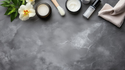 Luxurious skincare routine set for men featuring creams, brushes, and towels, complemented by beautiful flower. Perfect for self care and grooming