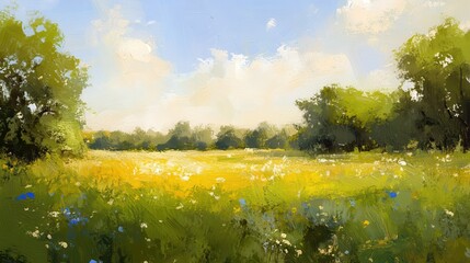 Fototapeta premium Impressionist landscape spring landscape with loose brushstrokes and a focus on light. Impressionist Landscape. Illustration