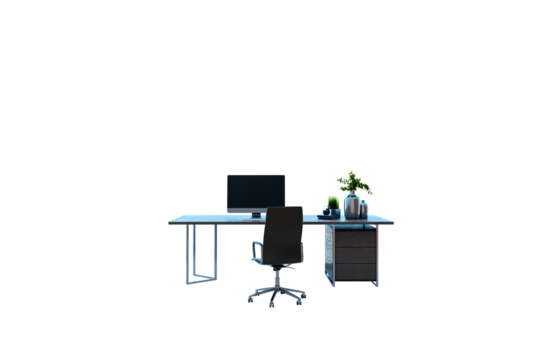 Stylish office desk with computer, ergonomic chair, and decor elements on a white background. Modern furniture layout for workspace design. 3D Rendering.