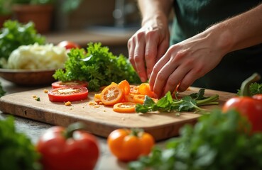 Close-up of chef slicing fresh vegetables red, orange tomatoes, green plants, parsley on wooden board for healthy salad, vegetarian meal. Balanced diet concept. Food photography, culinary arts,