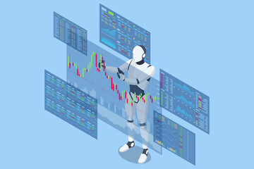 An isometric vector illustration of an AI trading robot analyzing stock market charts, surrounded by floating currency symbols. AI trading, algorithmic trading