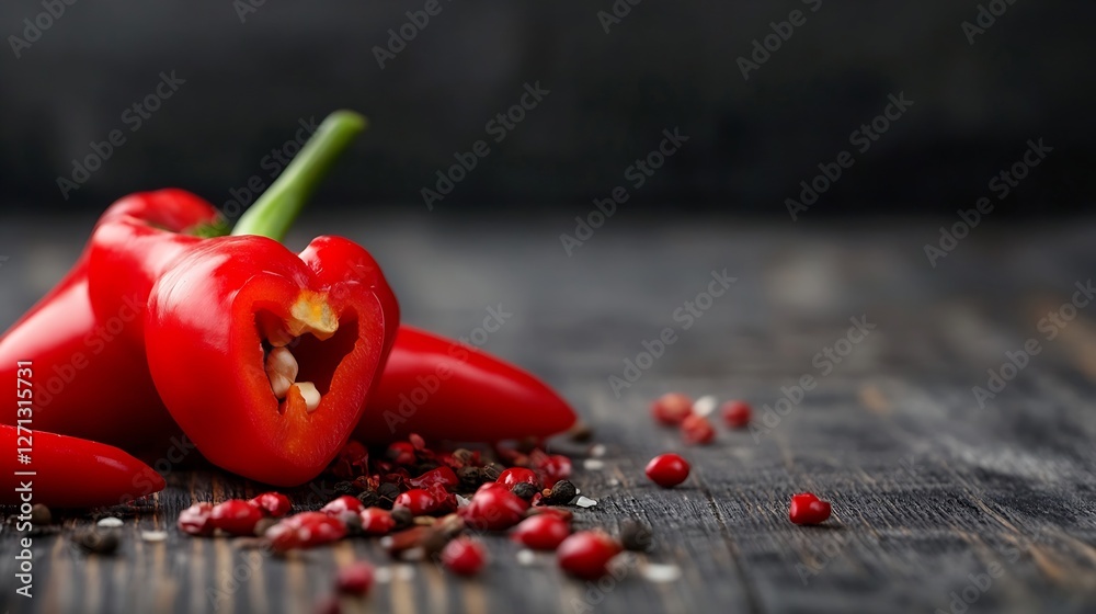 Poster fresh red chili peppers on a wooden table with colorful peppercorns scattered around them : generati