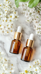 High resolution image of minimalist skincare set with two amber dropper bottles surrounded by delicate white flowers, creating serene and elegant atmosphere