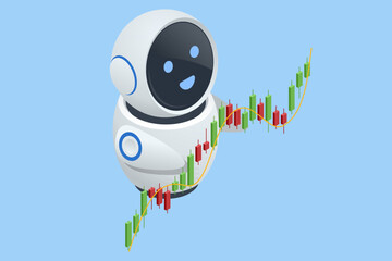 Fototapeta premium An isometric vector illustration of an AI trading robot analyzing stock market charts, surrounded by floating currency symbols. AI trading, algorithmic trading
