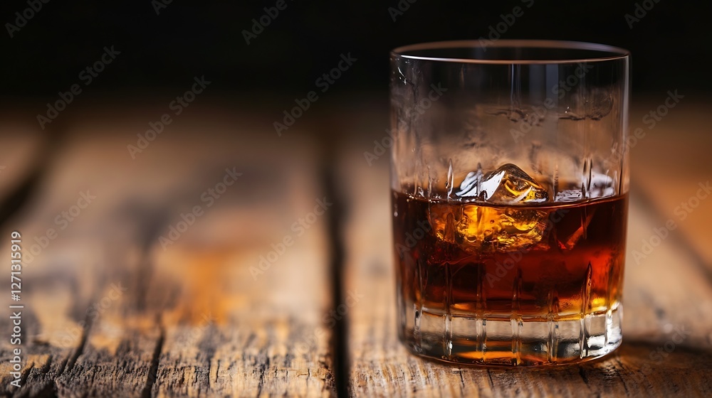 Poster rich amber whiskey served over ice in a clear glass on rustic wooden counter in dim light : generati