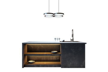 Kitchen island with open shelves, sink, and pendant lights, featuring a sleek modern design, isolated on white background. 3D Rendering
