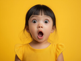 studio portrait of surprised young Asian child isolated on yellow background