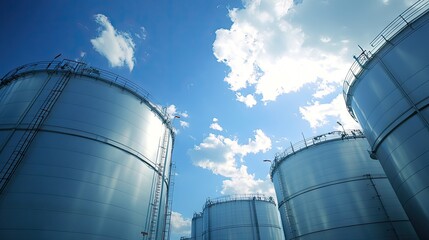 Natural gas storage tanks under a bright blue sky at a refinery