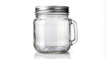 Glass Mason Jar with Metal Lid and Handle on White Background