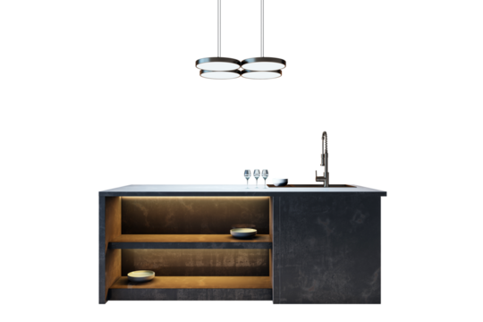 Kitchen island with open shelves, sink, and pendant lights, featuring a sleek modern design, isolated on white background. 3D Rendering