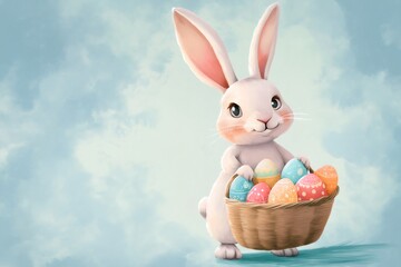Digital illustration of Easter bunny carrying basket full of decorated eggs on light blue background with clouds