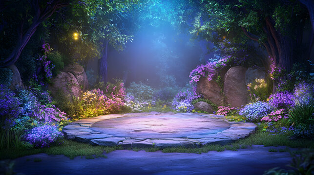 Enchanted forest night scene, stone circle, magical background, game design