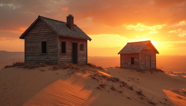 Two abandoned wooden houses stand on sand dunes desert at orange sunset. Symbol of fragility vs stability, old construction, crumbling shack, desolate landscape background. Faith, religion, parable