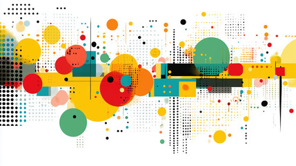 Obraz premium Modern digital illustration featuring vibrant geometric shapes and patterns, showcasing blend of circles, dots, and lines in colorful composition that evokes creativity and energy