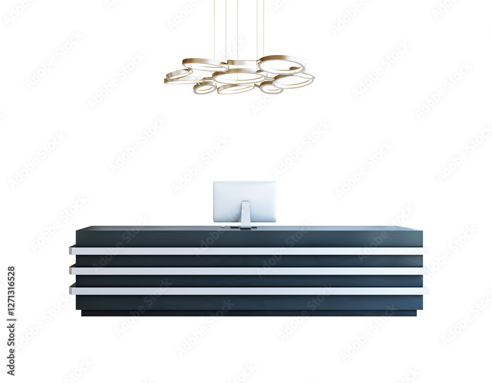 Poster Contemporary reception desk with computer and elegant ceiling light, isolated on a white background. Minimalist interior furniture design element. 3D Rendering.