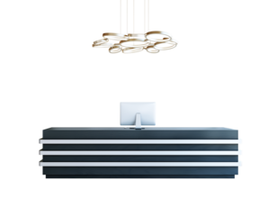 Contemporary reception desk with computer and elegant ceiling light, isolated on a white background. Minimalist interior furniture design element. 3D Rendering.