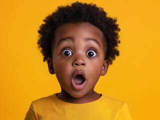 studio portrait of surprised young black child isolated on yellow background