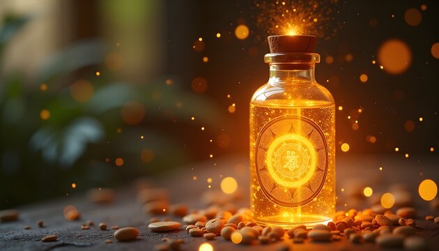 Glowing elixir bottle with magical golden light