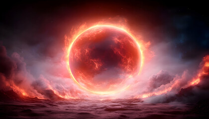 Fiery red planet, nebula background, fantasy landscape, game art