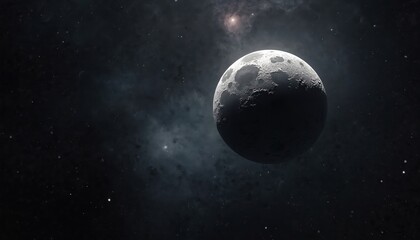 Detailed 3d render of Moon surface with visible craters against backdrop of stars, planets, nebulae. Lunar satellite in dark sky. Space exploration, astronomical research, scientific background.