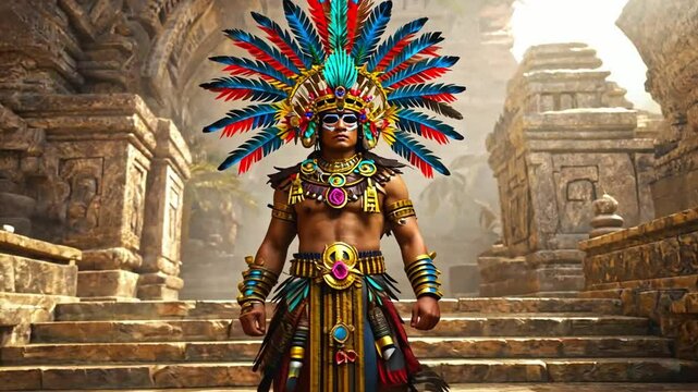 Aztec warrior in colorful feather costume