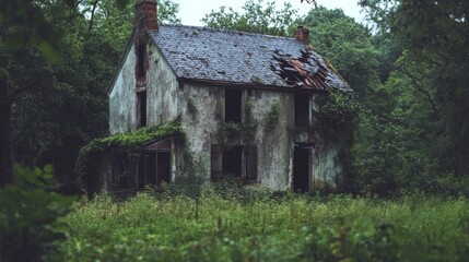 Fototapeta premium An abandoned house stands hauntingly amidst overgrown greenery, shrouded in mystery and testifying to forgotten tales of time.
