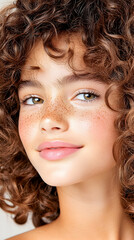 Fototapeta premium Freckled girl, curly hair, smiling, beauty portrait, studio backdrop