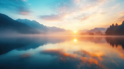 Fototapeta premium Vibrant sunrise over a tranquil lake, with soft reflections and a clear sky for adding text or design elements.