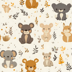 Cute animal illustrations with leaves in warm tones on a light background.