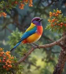 Fototapeta premium Colorful bird perched on Cambacica Coereba tree branch, bird perch, arboreal life