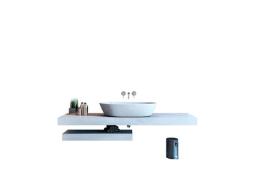 Minimalist bathroom sink with decor and accessories on floating concrete countertop, isolated on white background. 3D Rendering