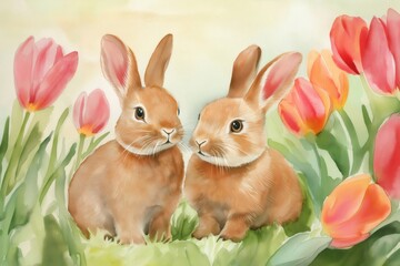Obraz premium Watercolor painting of two bunnies sitting in a field of colorful tulips, perfect for Easter or spring themes
