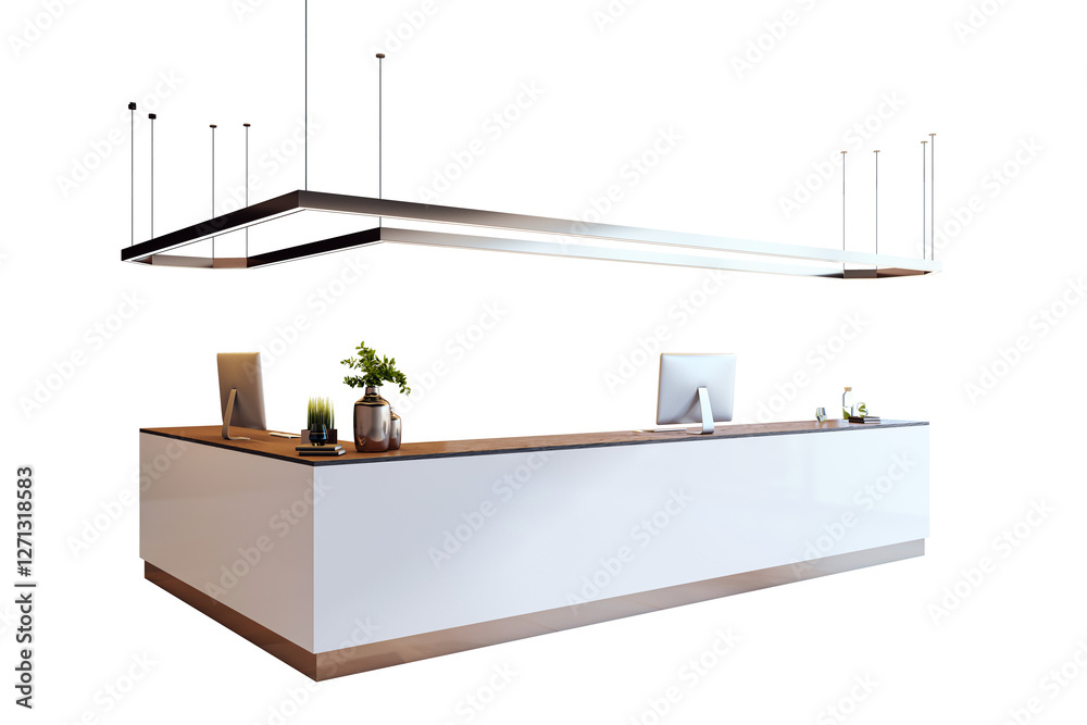 Poster stylish reception desk with wooden countertop, computers, and decor, isolated on white background. m
