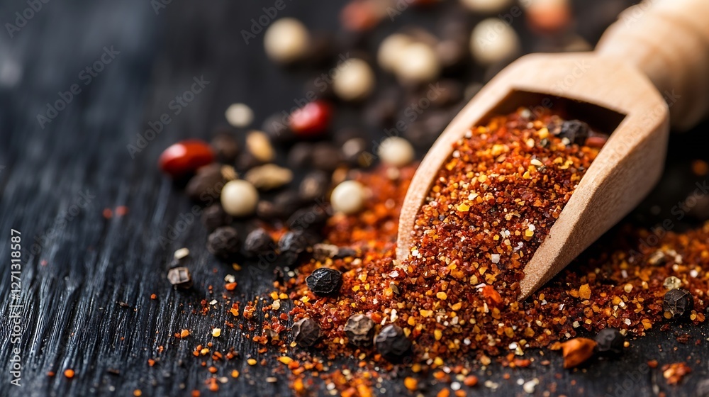 Poster colorful assortment of ground spices spilling from a wooden scoop on a rustic surface : generative a