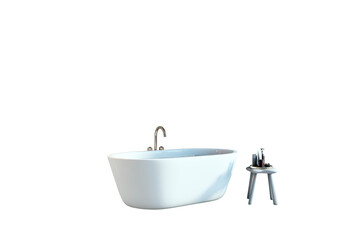 Elegant bathroom interior element, modern bathtub and stool with essentials, isolated on white background. 3D Rendering