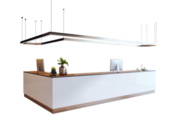 Stylish reception desk with wooden countertop, computers, and decor, isolated on white background. Modern interior design element. 3D Rendering