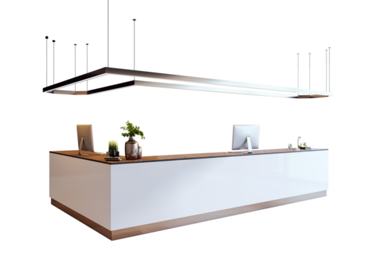 Stylish reception desk with wooden countertop, computers, and decor, isolated on white background. Modern interior design element. 3D Rendering