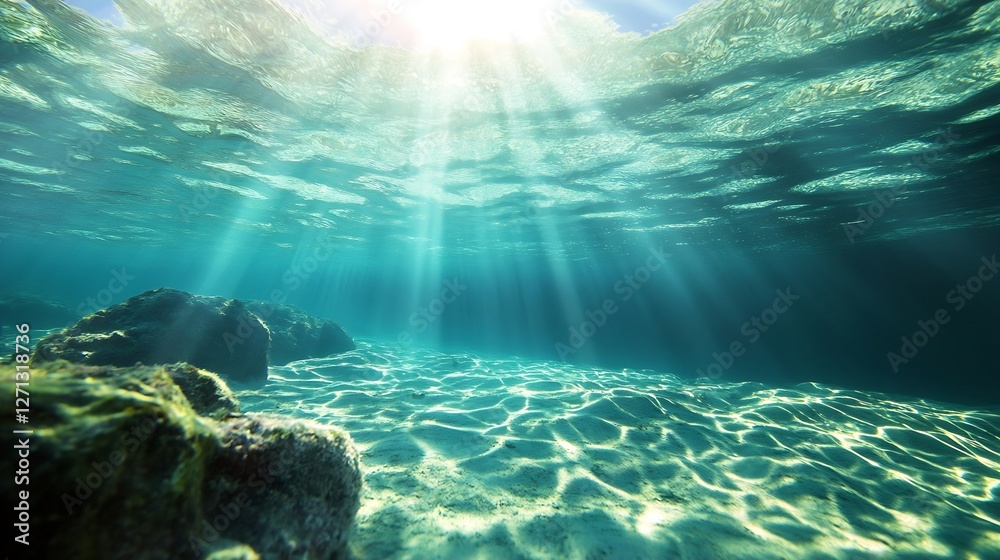 Poster serene underwater scene with sun rays illuminating crystal clear water and rocks : generative ai