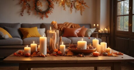 Cozy autumnal living room with a wooden table, candles and seasonal decorations, warm lighting and fall leaves , wood, autumn, candle