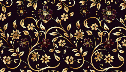 Elegant floral pattern with gold and dark hues, ideal for textiles or wallpapers.