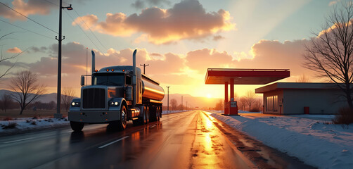 Tanker truck drives on highway near filling gas station at dusk sunset. Delivery automobile car transportation fuel, energy logistics. Commercial diesel vehicle wheels on asphalt road on travel